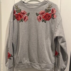 Gray Sweatshirt with Red Floral Embroidery